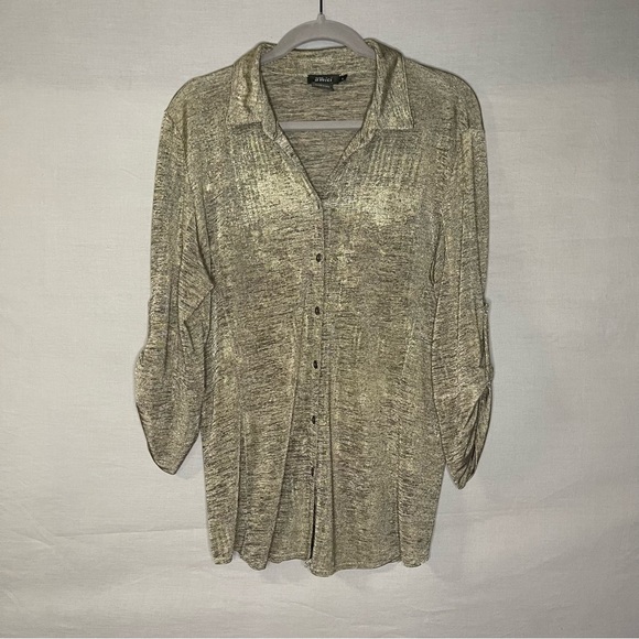 PURE AMICI Womens Button Up Shirt Size LBlack Silver‎ Metallic Roll sleeve USA - Picture 1 of 7